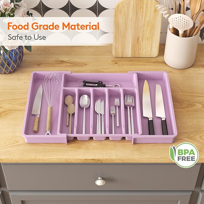 Lifewit Silverware Drawer Organizer, Expandable Utensil Tray for Kitchen, BPA Free Flatware and Cutlery Holder, Adjustable Plastic Storage for Spoons Forks Knives, Large, Purple