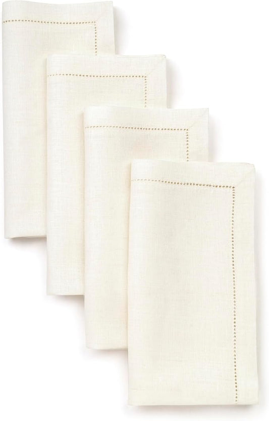 D'Moksha Homes Ivory Linen Napkins Set of 4 - Classic Hemstitch 100% Pure Linen Hemstitch Dinner Napkins 20 x 20 Inch for Fall, Thanksgiving, Christmas, Holiday - Handcrafted and Machine Washable
