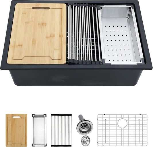 Kichae 28 inch Granite Composite Undermount Kitchen Sink - 28 x 19 Single Bowl Kitchen Sink Matte Black Quartz Workstation Kitchen Sink