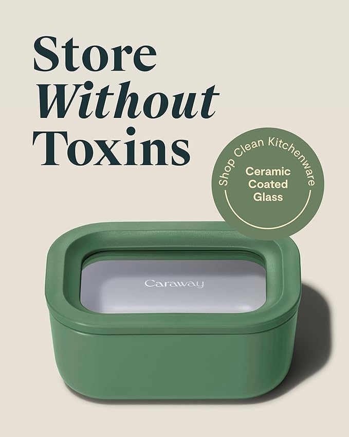 Caraway 6pc Glass Food Storage Set - 2.6 Cup Storage Containers For Food (6) - Non-Toxic Ceramic-Coated Glass - Air Release Technology - Compact & Stackable Design - Sage