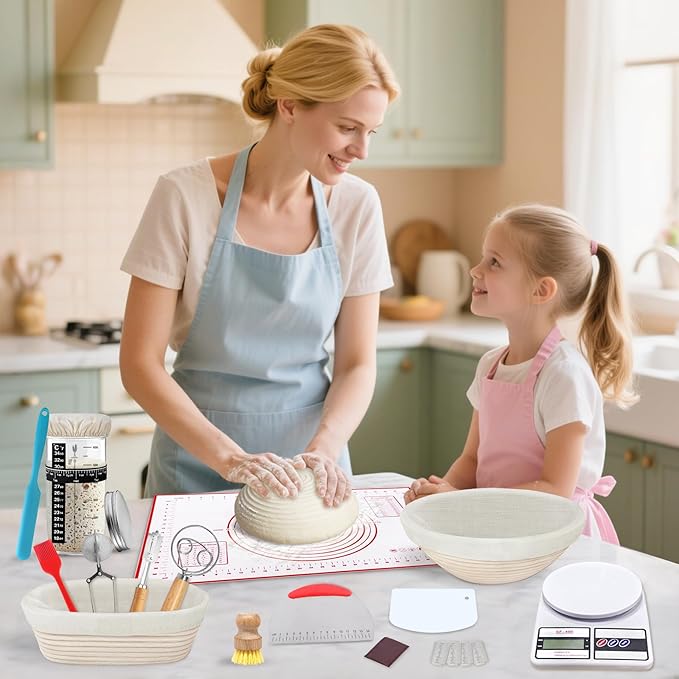 Banneton Proofing Basket Set,10 Inch Round & Oval Natural Rattan Sourdough Bread Proofing Basket Reusable Bread Baking Supplies with Sourdough Starter Jar, Perfect for Artisan Loaf Shaping