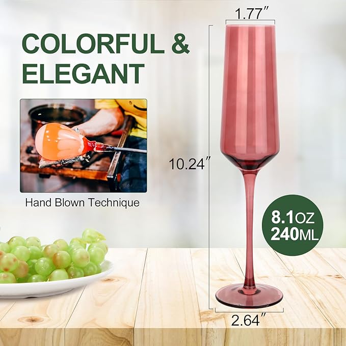 Colored Champagne Flutes Set of 6, Large 8 Oz Hand Blown Crystal Glasses, Lead-Free Colorful Glasses, Italian Style Tall Stemmed Glassware-Elegant Gift Box for Wedding, Party, Holidays, Birthdays