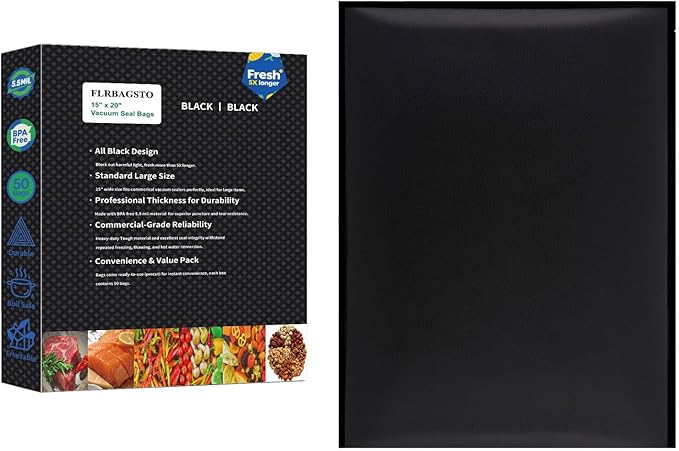 All Black Vacuum Sealer Bags 15" x 20", 5.5 Mil Precut Vacuum Seal Bags for Food Storage, Sous Vide, and Meal Prep, Heavy Duty Commercial Grade, 50 Count