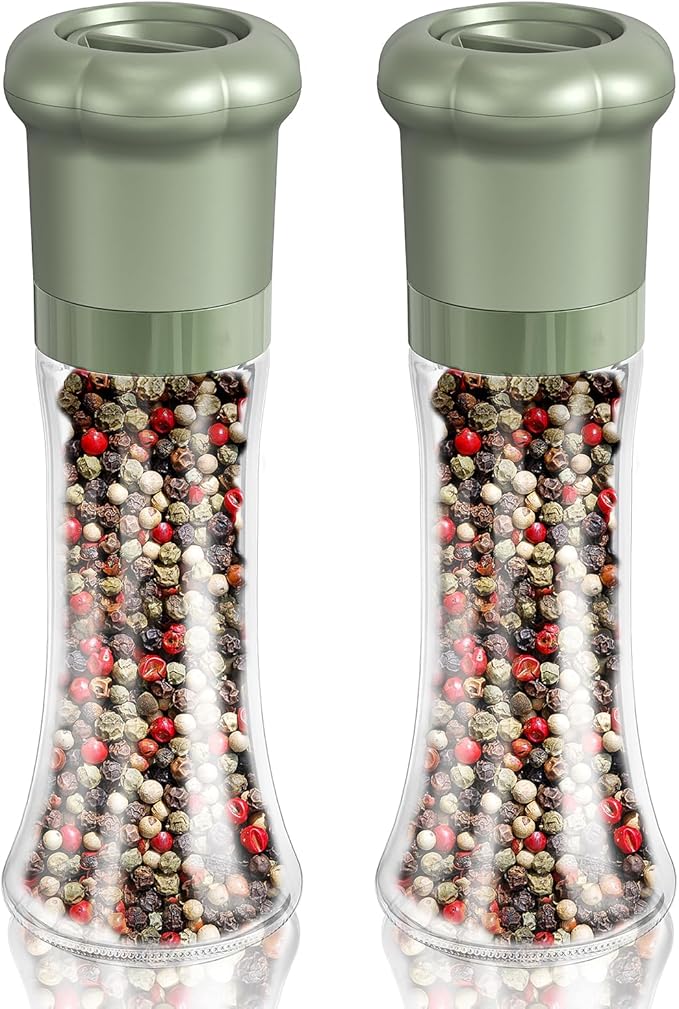 CIRCLE JOY Manual Salt and Pepper Grinder Set For Professional Chef, Refillable Salt and Pepper Shakers with Ceramic Blades, Adjustable Coarseness and BPA-free 180ml Glass Container, Tall Green