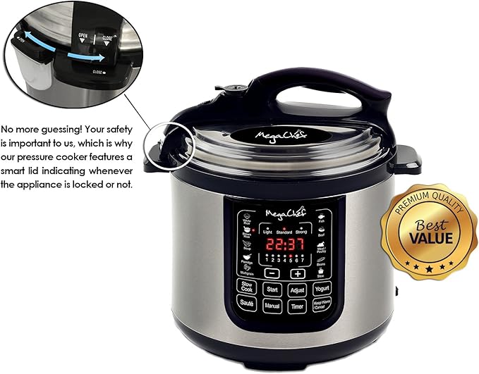 Megachef MCPR120A 8 Quart Digital Pressure Cooker with 13 Pre-set Multi Function Features, Stainless Steel