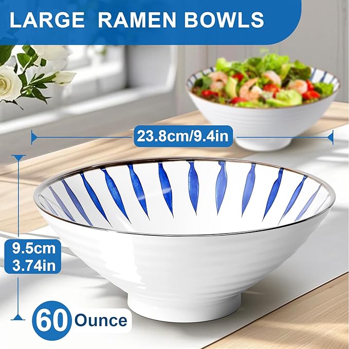 9.4Inch Ceramic Ramen Bowl Set of 2 (9 Piece) - Porcelain Japanese Salad Noodles Cereal Fruit Pasta Soup Large Bowls with Recipes Chopsticks Forks Spoons for Men Women Gift Microwave Dishwasher Safe