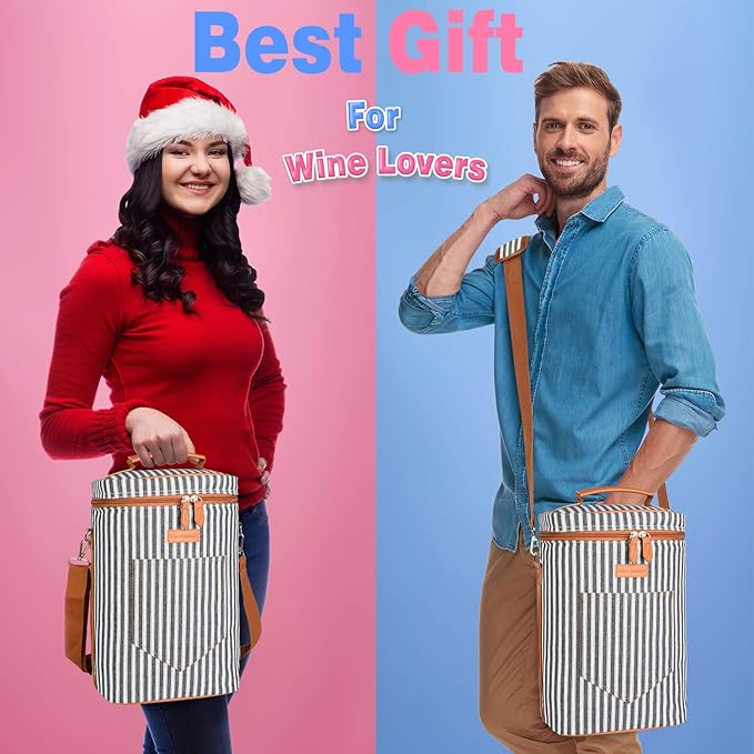 Tirrinia 4 Bottle Wine Gift carrier - Insulated & Padded Portable Versatile Wine Carrying Cooler Tote Bag for Travel, BYOB Restaurant, Wine Tasting, Party, Great Gift for Wine Lover, Black Stripe