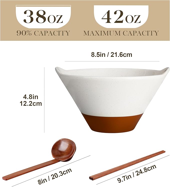 MALACASA 42 oz Ceramic Ramen Bowl Set with Wooden Spoon & Chopsticks, Japanese Style Soup Bowls for Ramen, Pho, Noodles – Set of 2, Microwave & Oven Safe – TARA Series (White and Khaki)