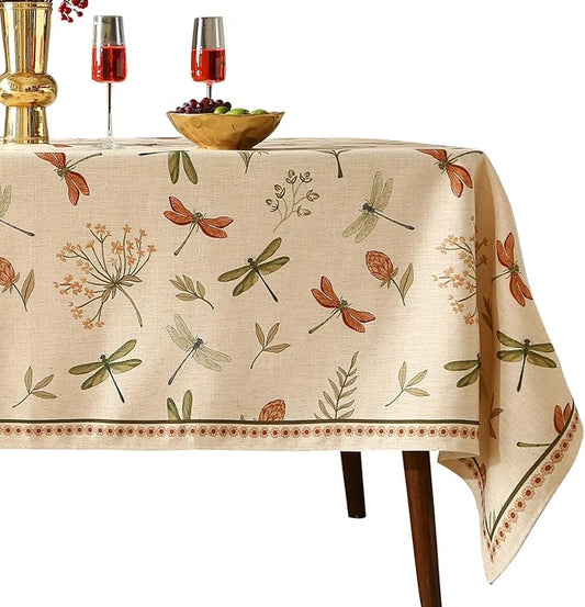 French Tablecloth for Rectangle Tables,Linen Table Cloth with Flowers and Red and Green Dragonflies Pattern,Durable Table Cover for Dining Thanksgiving Kitchen Party Christmas,63"*102"