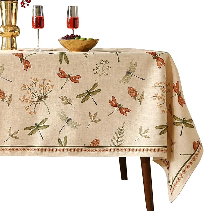 French Rectangular Tablecloth,Linen Table Cloth with Flowers and Red and Green Dragonflies Pattern,Heavy Durable Table Cover for Dining Thanksgiving Kitchen Party Christmas,63"*110"
