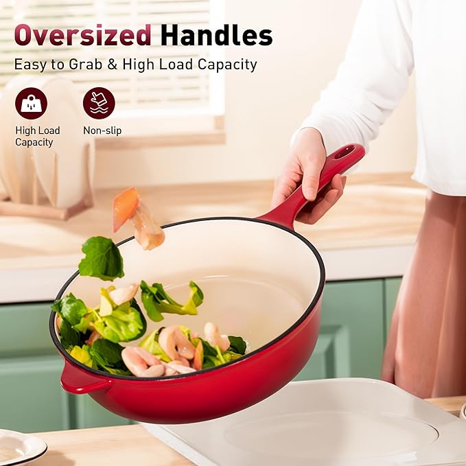 DishDelight Enameled Cast Iron Cookware Set, 7 Piece Set of Dutch Ovens, Sauce Pan, Skillet, 3 Lids, Ceramic Coated Cast Iron Dutch Oven Set, Pots and Pans Set Nonstick, Red