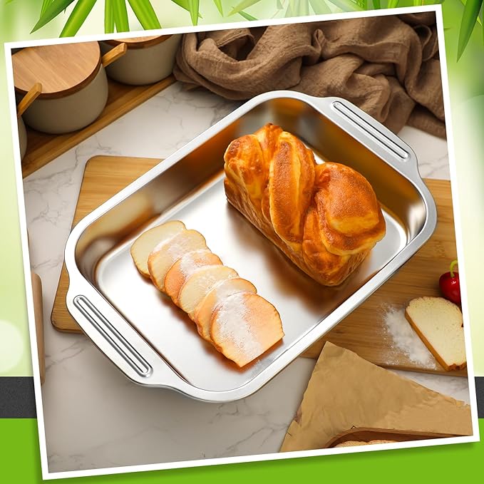 2 Pcs Stainless Steel Cake Pan 15 x 10 Inch Baking Pan with Handle Rectangle Baking Bakeware for Fish Cakes Breads Casseroles Vegetables Dishwasher Safe