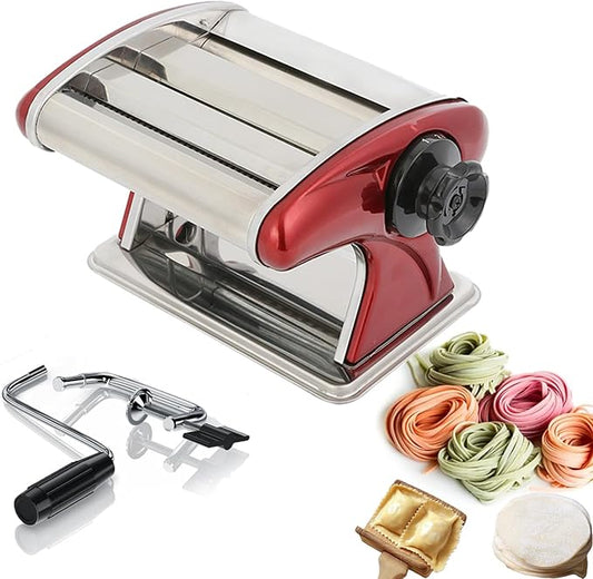 Manual Pasta Maker Machine – Stainless Steel Noodle Roller with Built-in 2mm & 4mm Cutters for Homemade Pasta, Lasagna, Fettuccine (Red, 2mm +4mm)