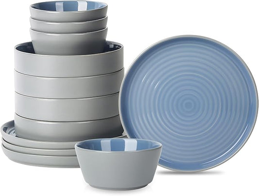 Stone Lain Elica 12-Piece Modern Dinnerware Set Stoneware, Plates and Bowl Sets for 4, Blue and Grey
