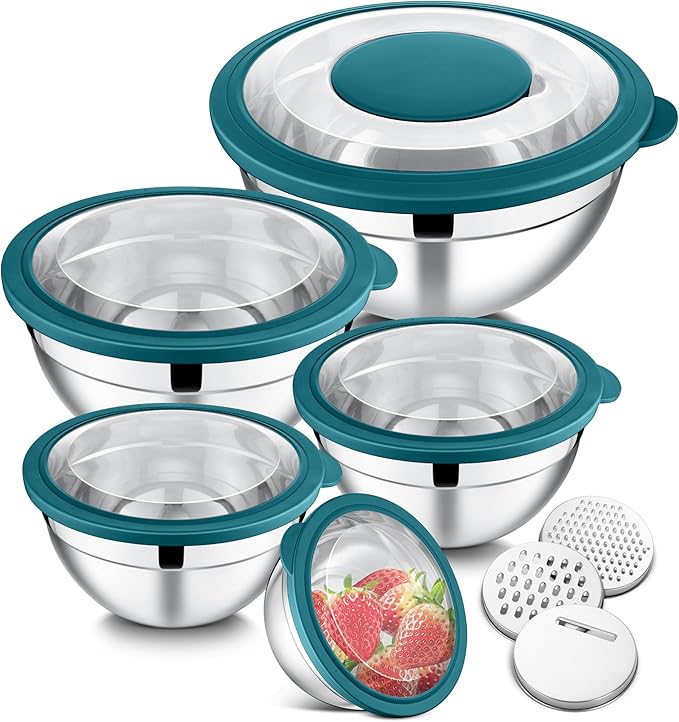 E-far Mixing Bowls Set of 5, Stainless Steel Salad Mixing Bowl with Transparent Lid, Metal Nesting Bowl Attach with 3 Graters for Kitchen Prepping/Serving/Baking/Storage, 4.6/2.6/1.5/1/0.7 QT - Blue