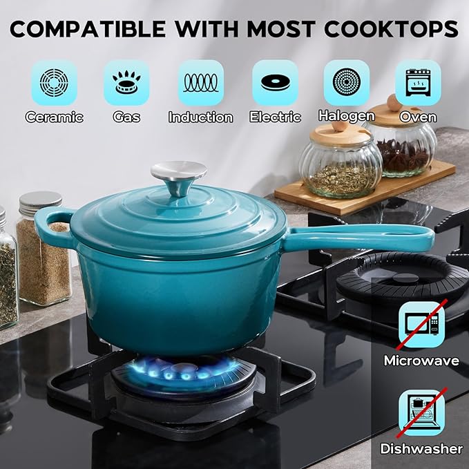 Onader Enameled Cast Iron Sauce Pan, 2QT Saucepan with Lid, Small Cast Iron Pot for Cooking, Enamel Dutch Oven Nonstick & Heavy Duty – Dark Cyan