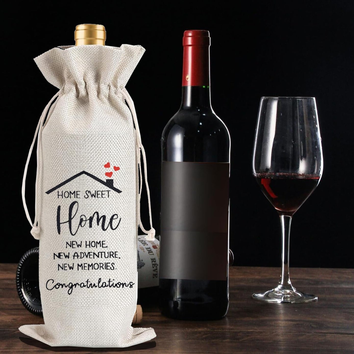 Julont 1Pcs Housewarming Gifts New Home Wine Bag,Perfect Gifts for New Homeowners, Realtor Gift to Clients,New Home Wine Bag For Friends, with 1Pcs Kraft Blessing Cards and natural jute rope