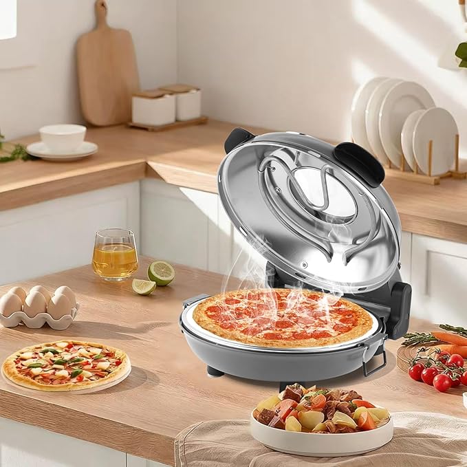 KLAIF 12" Electric Countertop Pizza Oven With Ceramic Stone, Dual Adjustable Temperature Controls, Includes 4 Pizza Tools (Grey)