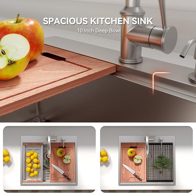 Lordear Drop In Kitchen Sink 25 Inch Stainless Steel Drop In Workstation Sinks 16 Gauge Ledge Workstation 25x22 Drop-in Topmount Single Bowl Kitchen Sink With Accessories