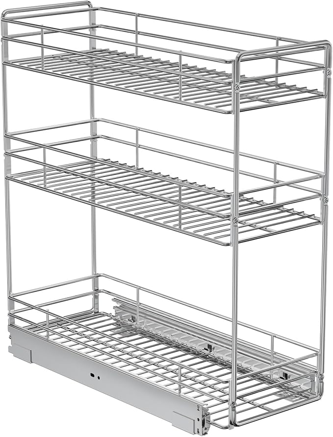 ROOMTEC Pull Out Spice Rack for Narrow Cabinet (8½" W X 20½" D),3 Tier Slide Out Cabinet Organizer and Pull Out Shelves Under Cabinet Storage for Kitchen, Chrome
