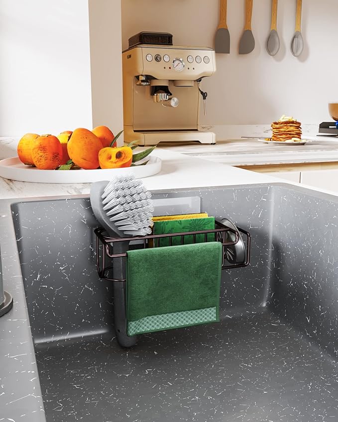 HapiRm 4 in 1 Adhesive Kitchen Sink Organizer, SUS304 Stainless Steel Brush Holder + Dish Cloth Hanger + Soap Rack + Sink Stopper Holder, No Drilling Sponge Caddy for Kitchen - Bronze