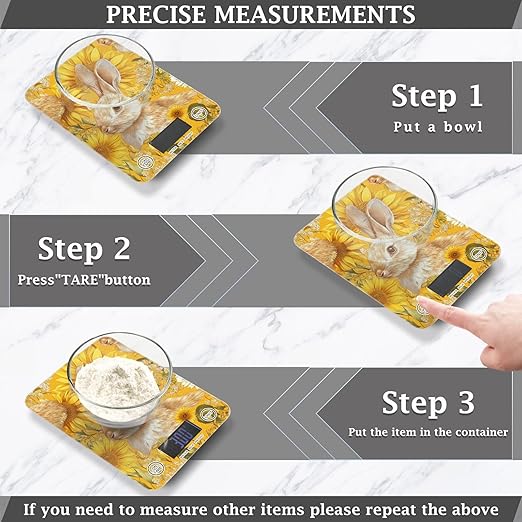 Yellow Sunflowers Bunny Food Scale Kitchen Digital Scale Food Ounces and Grams Dieting Baking Cooking Waterproof Glass Panels LCD Display,4 Units Tare Function