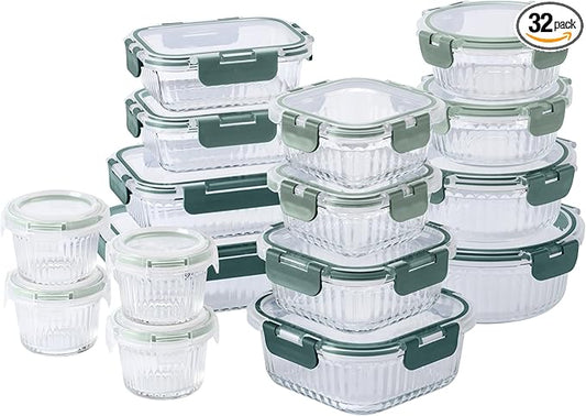 COOK WITH COLOR Premium 32-Pc. Borosilicate Glass Food Container Set with Dividers - 4 Rectangles, 8 Rounds, 4 Squares - Leakproof Lids - Meal Prep, Storage, Fluted Ombre Green