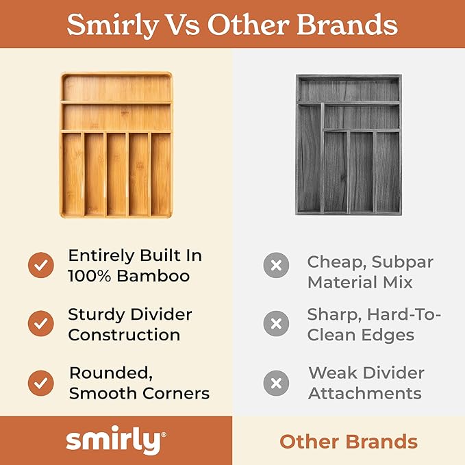 SMIRLY Silverware Drawer Organizer – Bamboo Kitchen Drawer Organizer, Adjustable Utensil Holder and Cutlery Tray, Drawer Dividers for Flatware and Kitchen Utensils