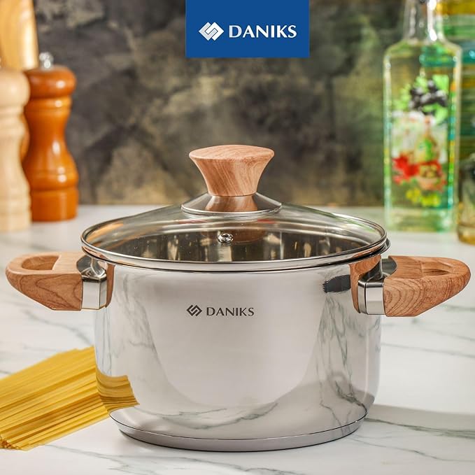 Daniks Oslo 10-Piece Stainless Steel Induction Cookware Set – Dishwasher Safe Saucepan, Frying Pan, Pots with Stay-Cool Handles, Glass Lids, Silver