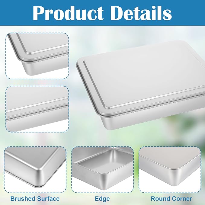 3 Set Stainless Steel Cake Pan with Lid, 13/11/9 Inch Rectangle Cake Pans Sets with Covers Baking Bakeware for Bread Fish Meat Vegetables, Non-Stick, Mirror Finish, Dishwasher Safe