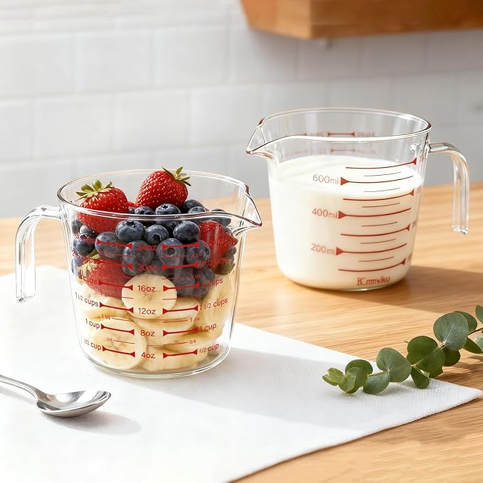 BCnmviku Glass Measuring Cups High Borosilicate [Insulated Handle | V-Shaped Spout]For Prepping Baking and Cooking Preheated Oven Dishwasher Freezer and Microwave Safe (700ml)