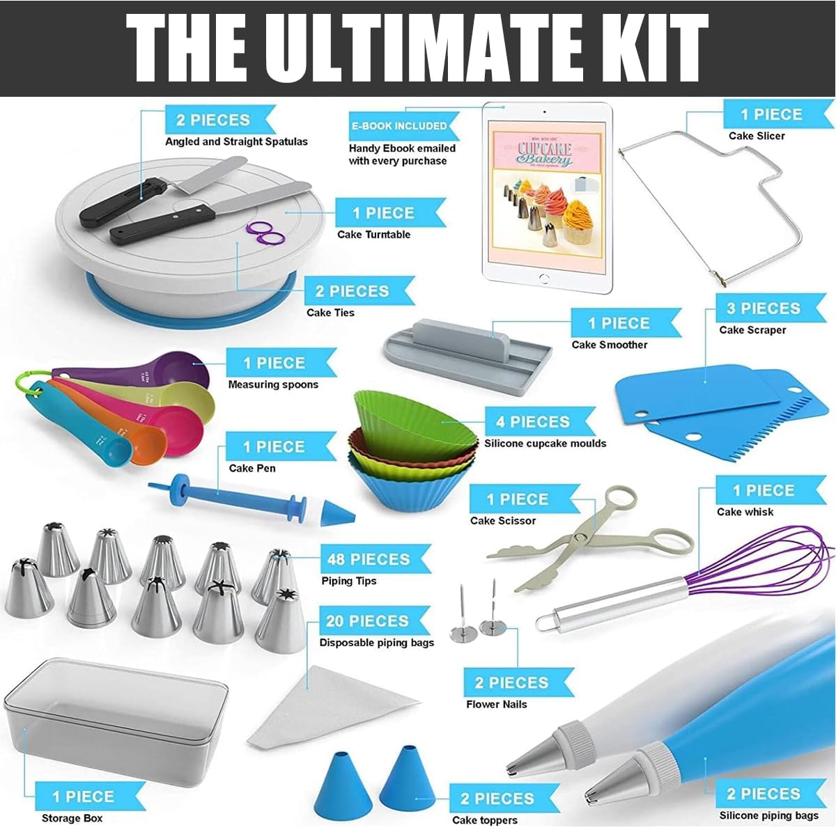 Cake Decorating Supplies Kit - Cake Turntable Set with 48 Icing Piping Tips, 20 Disposable Pastry Bags, 2 Couplers, Baking Tools for Beginners