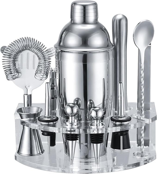 Bartender Kit Cocktail Shaker Set, Stainless Steel Cocktail Kit with 12 Piece Bar Accessories, 25oz Shaker Bar Set Drink Mixer Set with Stand Jigger Strainer Spoon Muddler for Cocktails (Silver)