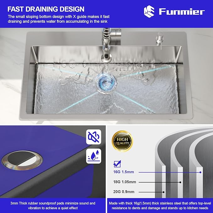 33 Inch Drop In Kitchen Sink - 33 x 19 Topmount Kitchen Sinks Stainless Steel 16 Gauge Single Bowl Handmade Top Mount Sinks with Offset Drainer