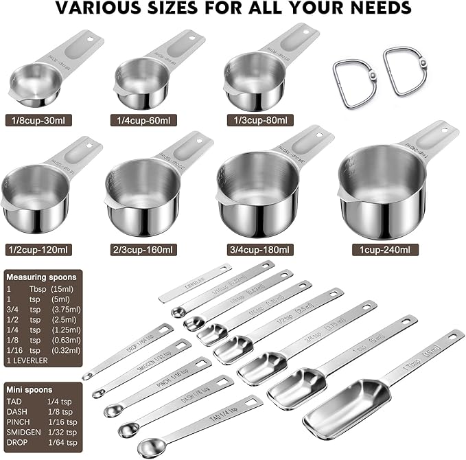 20Pcs Measuring Cups and Spoons Set, Includes 7pcs Stainless Steel Measuring Cups, 12 Measuring Spoons with Leveler for Cooking & Baking, Dishwasher Safe