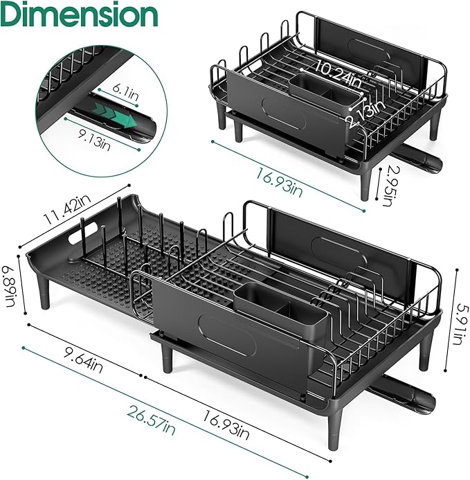 Extendable Dish Drying Rack for Kitchen Counter, Large Expandable Dish Rack with Multifunctional Drainboard for Pan Pot, Collapsible dish drainer, Foldable Plate Strainer for Home Countertop Storage