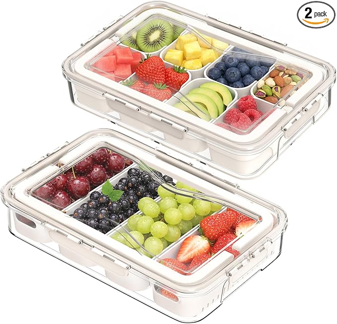 Snackle Box Container 12 Compartments, 2pack Box Characuterie Container with Compartments, Large Portable Divided Snack Serving Tray with Lid & Handle, Stackable Food Containers(White)