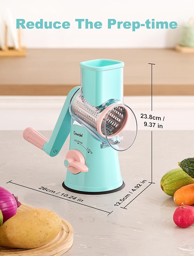 Geedel Rotary Cheese Grater Cheese Shredder - Upgraded 5-in-1 Cheese Grater with Handle and Strong Suction Base, Multi-purpose Vegetable Slicer Ice Shaver Nuts Grinder for Ice, Vegetables, Fruit, Nuts