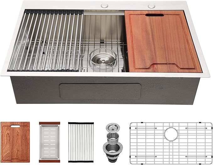 Lordear Kitchen Sink Drop In 28x22 Topmount 16 Gauge Stainless Steel Single Bowl Ledge Workstation Kitchen Sink Basin