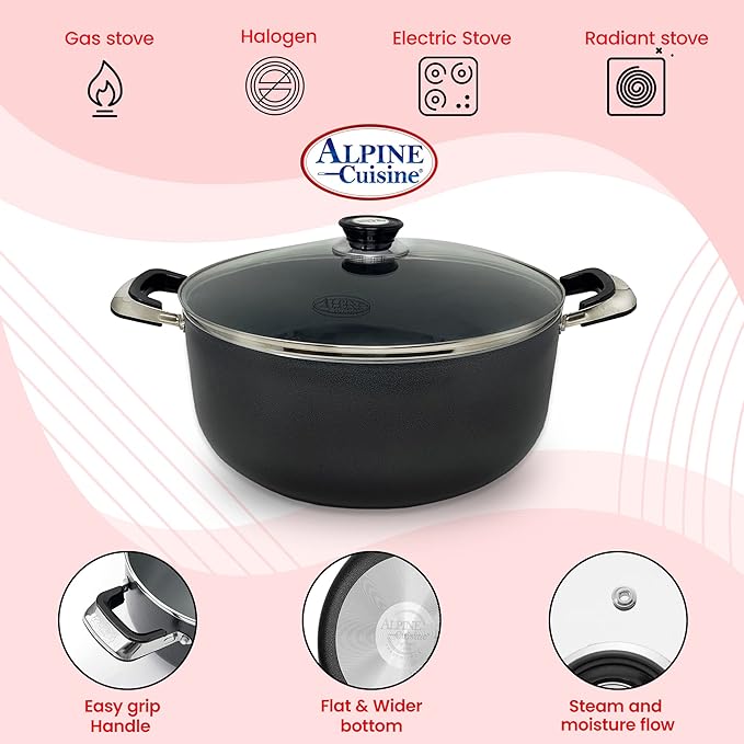 Alpine Cuisine 18 Quart Non-stick Stock Pot with Tempered Glass Lid and Carrying Handles, Multi-Purpose Cookware Aluminum Dutch Oven for Braising, Boiling, Stewing