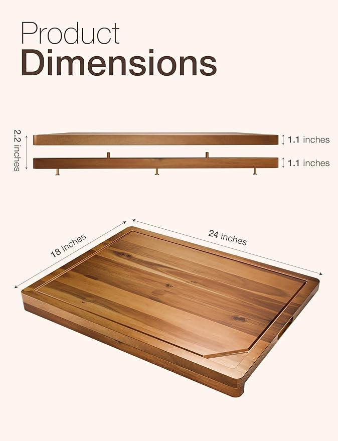 Acacia Wood Cutting Board and Chopping Board with Handle for Meat, Cheese Board, Vegetables, Bread, and Charcuterie Board - Wooden Serving Board for Kitchen, Dining Room (24" x 18")