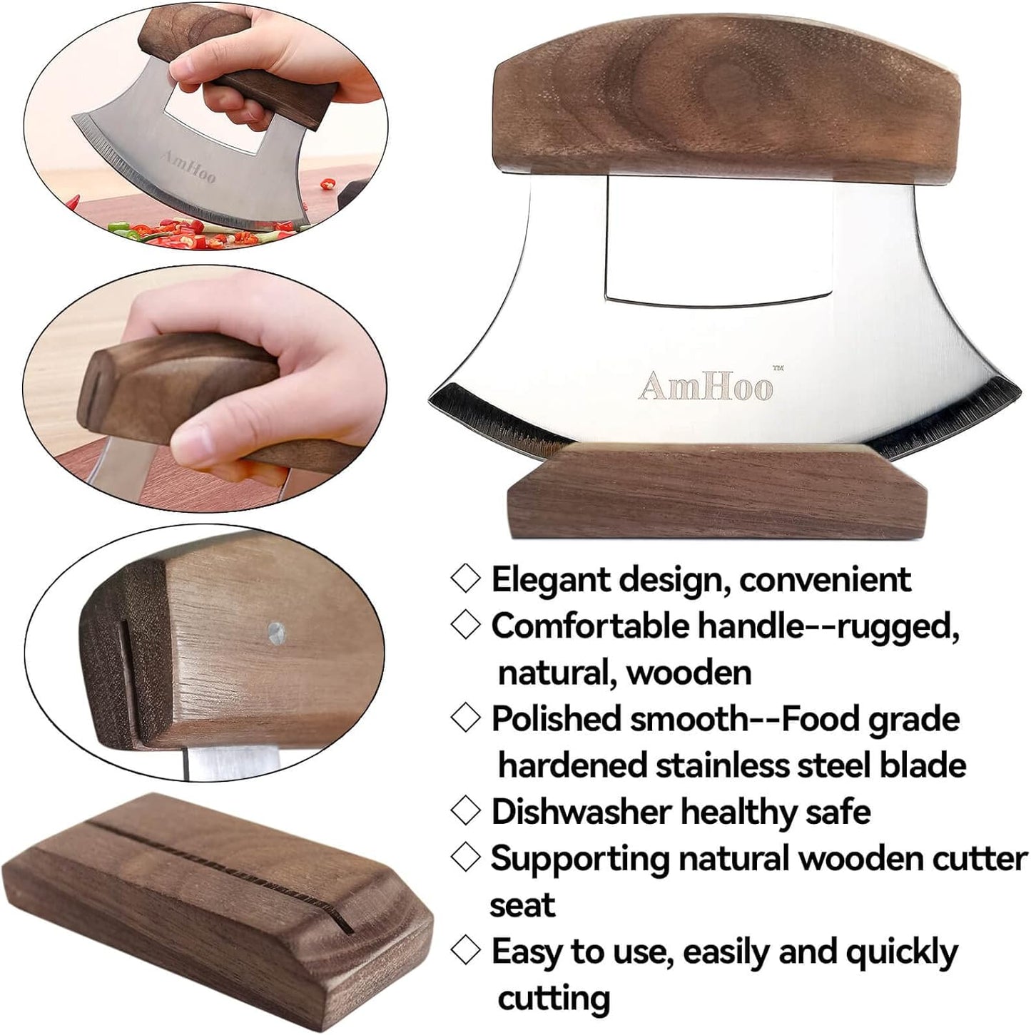 AmHoo Pizza Cutter Chef Mezzaluna Ulu Knife Handle Walnut Wood Grip Sharp Rocker Slicer Stainless Steel Blade Salad Onion Vegetable Chopper with Holder Base Christmas Gifts