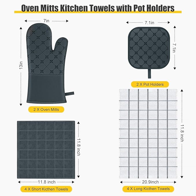 Oven Mitts Kitchen Towels Dishcloths with Pot Holders Sets 12PCS,Dish Towels Sets,Oven Gloves Pot Pads Heat Resistant 500 Degrees with Non-Slip Silicone Surface for Cooking Baking Grilling-Deep Green