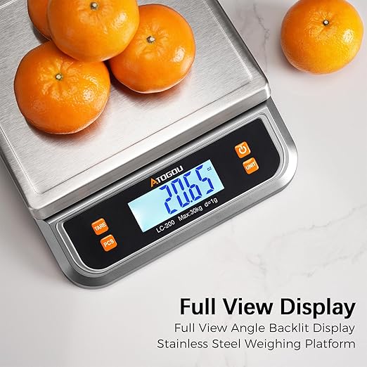 Atogou 88lb Commercial Digital Kitchen Scale 40kg/1g, with 6 Units Conversion, Stainless Steel, LCD Display, AA Battery or Plug-in Use for Baking, Bread, Cooking, Meat LC200 Grey