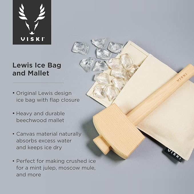 Viski Professional Lewis Ice Bag and Mallet, Manual Ice Crusher, Ice Crushers for Home Use, Bartender Kit & Bar Tools Kitchen Accessory, 12"