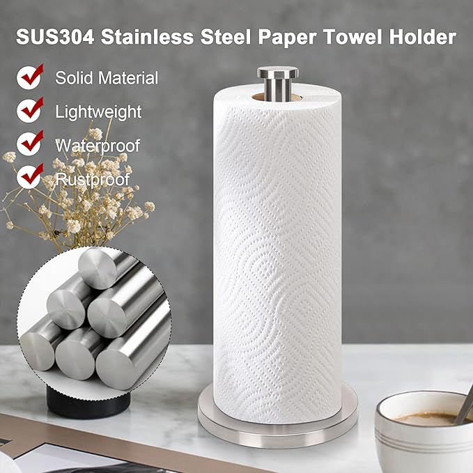 NearMoon Standing Paper Towel Holder, Kitchen Paper Towel Tissue Holder- for Bathroom Countertop, Standard or Jumbo-Sized Roll Paper (with Stainless Steel Base, Brushed Nickel)