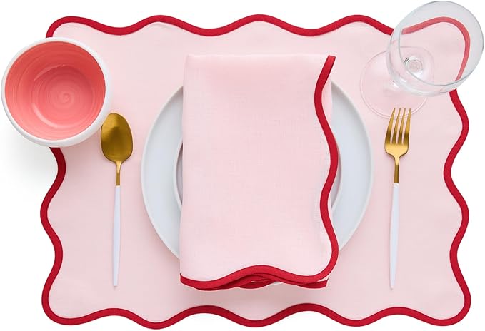 Solino Home Scallop Linen Napkins Set of 4-100% Pure Linen Red and Pink Dinner Napkins Cloth 20 x 20 Inch - Giselle Scallop Edge, Handcrafted and Machine Washable