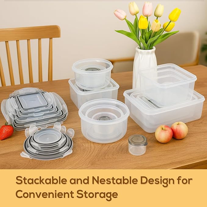 50 PCS Food Storage Containers with Lids, Clear Stackable Airtight Leakproof Reusable Plastic Meal Prep Container Set for Kitchen Storage/Lunch, Fridge/Microwave Safe with Labels&Pen