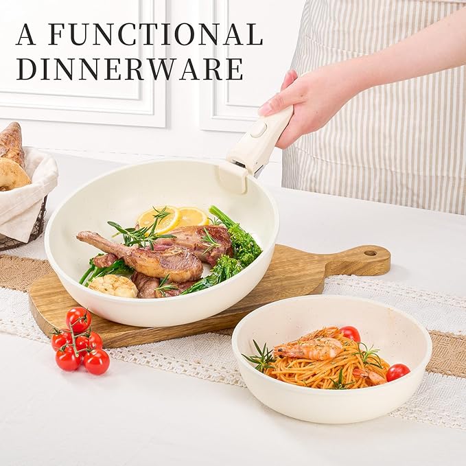 JEETEE Nonstick Pots and Pans Set with Removable/Detackable Handle (Beige, 19 pcs)