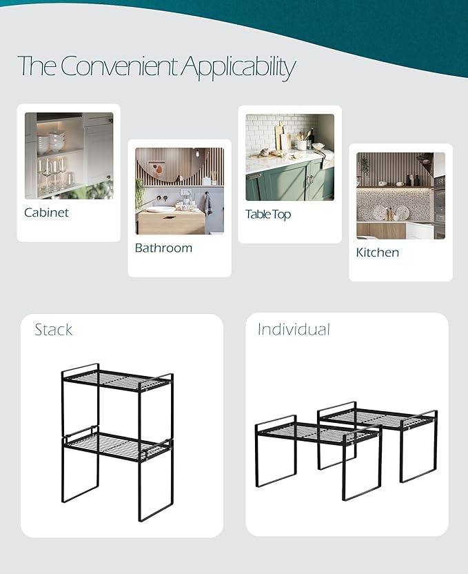 2pk Kitchen Cabinet Shelf Counter Organizer Rack Pantry Storage Bathroom Bedroom Office Table Desk Space Saving Steel Frame Stackable Rust Resistant Non Slip Black-Tall-L13in W8.3in H9.5in